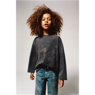 WASHED-EFFECT T-SHIRT WITH DIAMANTES