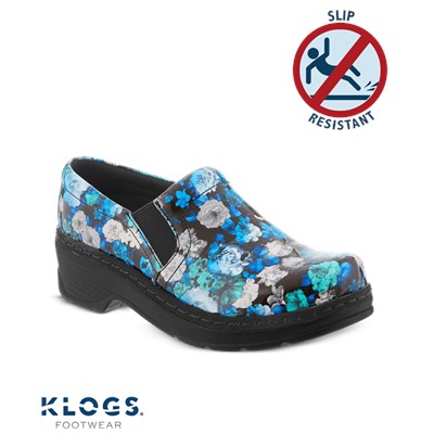 Klogs Naples Closed Back Leather Clog Blue Flower Patent