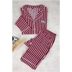Kırmızı Çizgili Gömlek Yaka Biyeli Örme Pijama Takımı TBBAW25AI00052