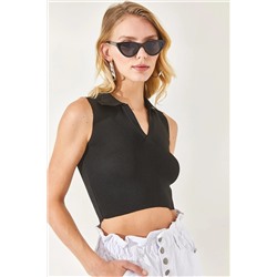 Olalook, Kadın Siyah Polo Yaka Kolsuz Crop Triko Bluz BLZ-19002281