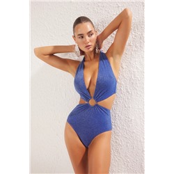TRENDYOLMİLLA Saks Derin V Yaka Cut Out/Pencereli Aksesuarlı Simli Regular Mayokini TBESS25MY00005