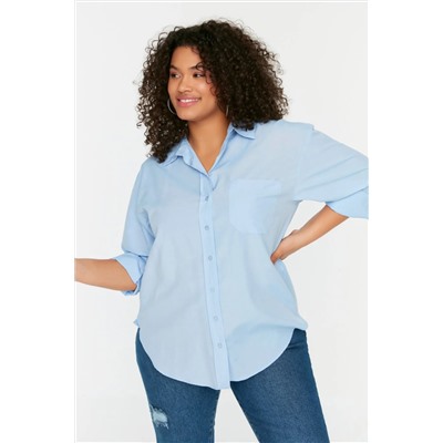 Mavi Loose Fit Pamuklu Uzun Kol Büyük Beden Dokuma Gömlek TBBSS22GO0323