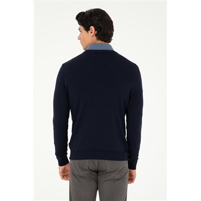 Erkek Slim Fit V Yaka Lacivert Basic Kazak