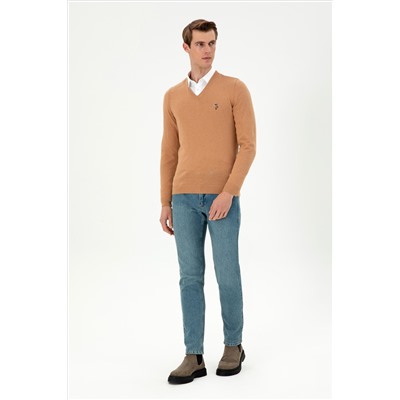 Erkek Slim Fit V Yaka Camel Melanj Basic Kazak