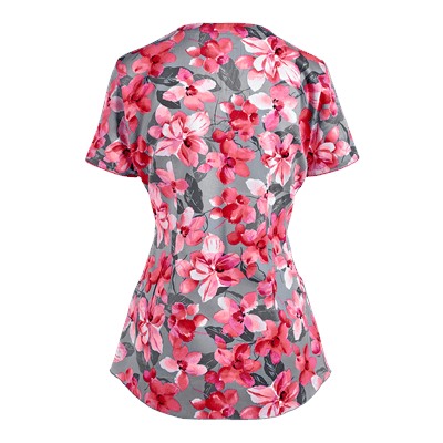 White Cross Scrubs Coral Bloom Print Top