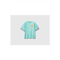 United Colors of BenettonErkek Çocuk Su Yeşili Yaprak Desenli Etiket Logolu T-shirt Mavi Mix