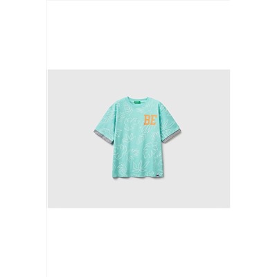 United Colors of BenettonErkek Çocuk Su Yeşili Yaprak Desenli Etiket Logolu T-shirt Mavi Mix