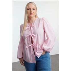 Trendyol Curve Pembe Fiyonk Bağlamalı Çizgili Uzun Kol Dokuma Büyük Beden Gömlek TBBAW25AX00003