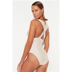 TRENDYOLMİLLA Ekru Derin Dekolteli Drapeli Regular Core Mayo TBESS20MA0294