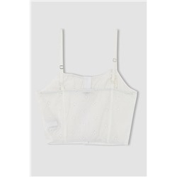 Defacto Fitted Kalp Yaka Askılı Brode Crop Bluz Y0883AZ22HS