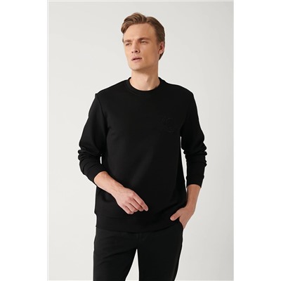 Avva Erkek Siyah İnterlok Kumaş Bisiklet Yaka Göğüsü Nakışlı Sweatshirt A32Y1396