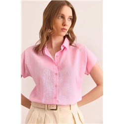 Olalook, Kadın Sarmaşık Pembe Desenli Keten Yarasa Gömlek GML-19001129