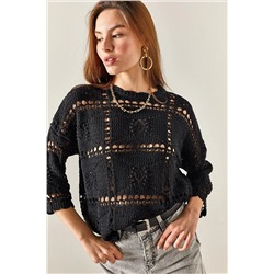 Olalook Kadın Siyah Patch Desenli Ajurlu Salaş Triko Bluz BLZ-19002329