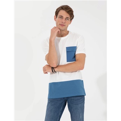 Ekru Slim Fit Baskılı Bisiklet Yaka Tişört