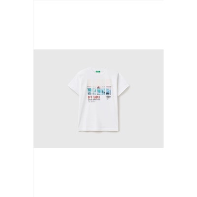 United Colors of BenettonErkek Çocuk Beyaz Beach Baskılı T-shirt Beyaz