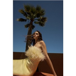 FEATHERED SATIN MIDI DRESS