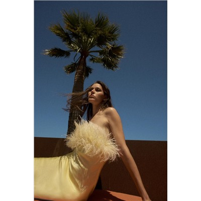 FEATHERED SATIN MIDI DRESS