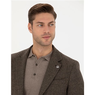 Kahverengi Yün Karışımlı Slim Fit Ceket