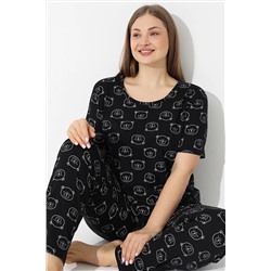 Siyah İnci Siyah Ayıcık Desenli Curve Büyük Beden Battal Boy Kısa Kollu Pamuklu Pijama Takımı 7614