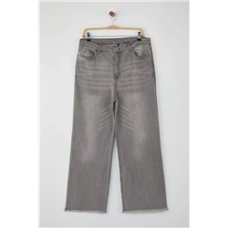 Gri Yüksek Bel Pis Uç Detaylı Geniş Paça Comfort Büyük Beden Wide Leg Jeans TBBSS23CJ00009