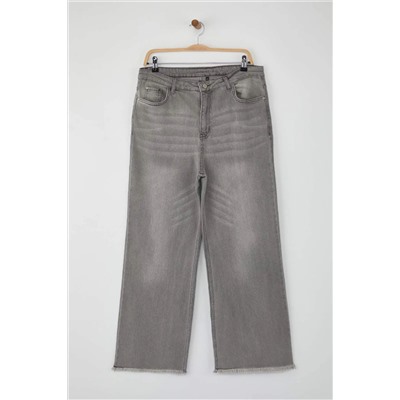 Gri Yüksek Bel Pis Uç Detaylı Geniş Paça Comfort Büyük Beden Wide Leg Jeans TBBSS23CJ00009