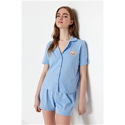 TRENDYOLMİLLA Mavi Ayıcık Nakışlı Gömlek-Şort Örme Pijama Takımı THMSS23PT00012