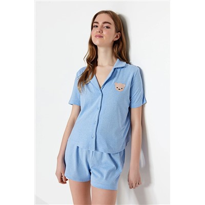 TRENDYOLMİLLA Mavi Ayıcık Nakışlı Gömlek-Şort Örme Pijama Takımı THMSS23PT00012