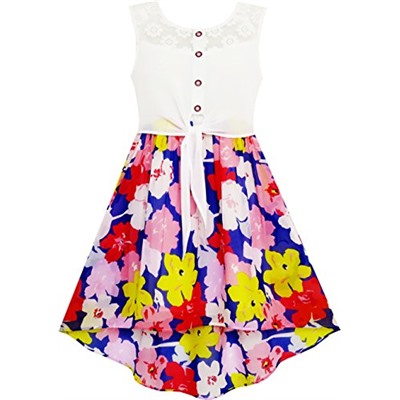 Sunny Fashion Girls Dress Chiffon Floral High-Low Tie Waist Party Princess