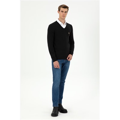 Erkek Slim Fit V Yaka Siyah Basic Kazak