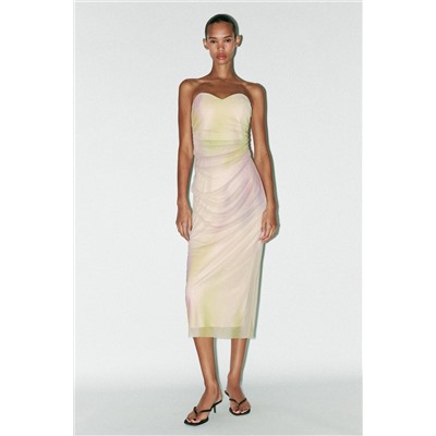 PRINTED TULLE STRAPLESS DRESS