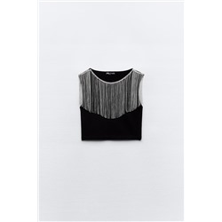 SEAMLESS CROP TOP WITH FRINGING AND RHINESTONES