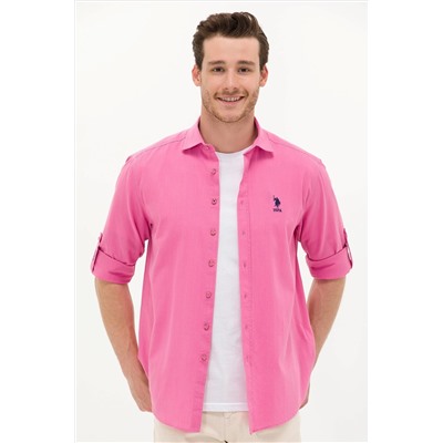 Erkek Pembe Keten Görünümlü Basic Gömlek