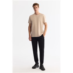 Bej Bisiklet Yaka Baskılı Elastan T-Shirt