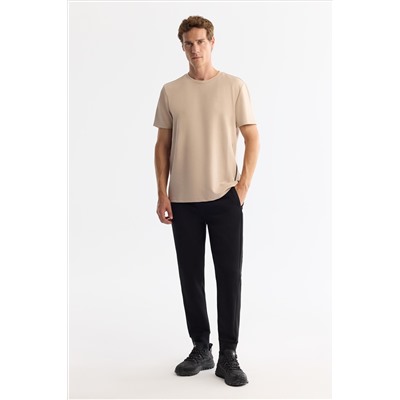Bej Bisiklet Yaka Baskılı Elastan T-Shirt
