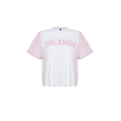 Pembe Çizgili Baskılı Oversize %100 Pamuk Örme T-shirt TBBSS24BF00017
