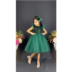 Mnk Baby&Kids Küpeli Pul Payet Tüllü Kız Çocuk Elbise MNK0526 YEŞİL
