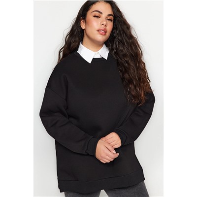 Siyah Kalın İçi Polarlı Yırtmaçlı Oversize/Bol Kesim Örme Büyük Beden Sweatshirt TBBAW24AO00003