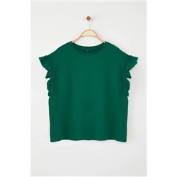 Zümrüt Yeşili Bisiklet Yaka Kolları Fırfırlı %100 Pamuk Örme T-Shirt TBBSS23BF00006