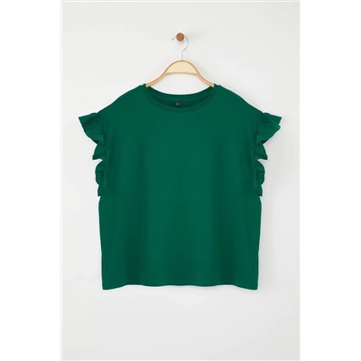 Zümrüt Yeşili Bisiklet Yaka Kolları Fırfırlı %100 Pamuk Örme T-Shirt TBBSS23BF00006