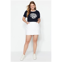 Lacivert Slogan Baskılı Crop Boy %100 Pamuk Örme Büyük Beden T-shirt TBBSS23BF00011