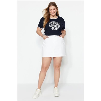 Lacivert Slogan Baskılı Crop Boy %100 Pamuk Örme Büyük Beden T-shirt TBBSS23BF00011
