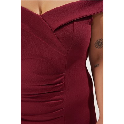 Mürdüm Vücuda Oturan Büzgü Detaylı Örme Elbise TBBAW23AH00185