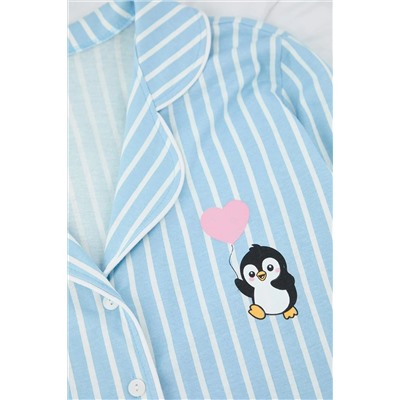 Açık Mavi Çizgili Gömlek Yaka Biyeli Örme Pijama Takımı TBBAW25AI00052