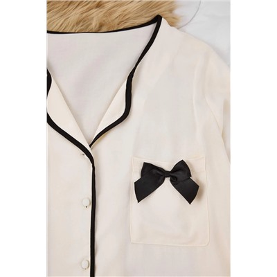 Ekru Kurdele/Fiyonk ve Biye Detaylı Viskon Dokuma Pijama Takımı TBBAW26AI00042