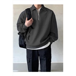 GENIUS STORESTORE Erkek Polo Yaka Oversize Sweatshirt Yarım Fermuar Sweatshirt OVERSIZE-SWEATSHIRT