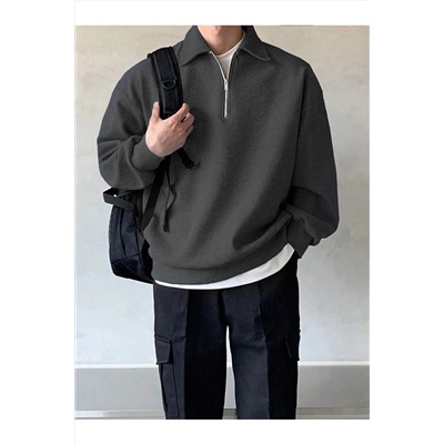 GENIUS STORESTORE Erkek Polo Yaka Oversize Sweatshirt Yarım Fermuar Sweatshirt OVERSIZE-SWEATSHIRT