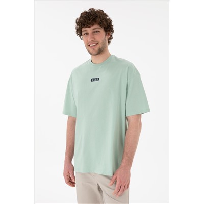 Erkek Oversize Fit Bisiklet Yaka Su Yeşili Tişört