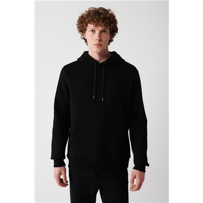 Siyah Kapüşonlu Yaka İçi Polarlı 3 İplik Pamuklu Regular Fit Standart Kesim Unisex Sweatshirt