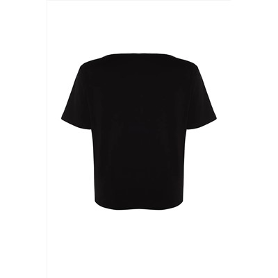 Siyah V Yaka Basic %100 Pamuk Örme T-Shirt TBBSS22BF0028