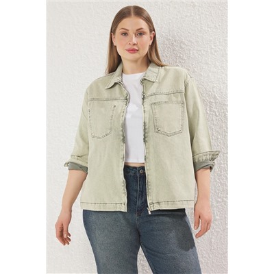Trendyol Curve Yeşil Önü Fermuarlı Denim Büyük Beden Ceket TBBSS25AG00006